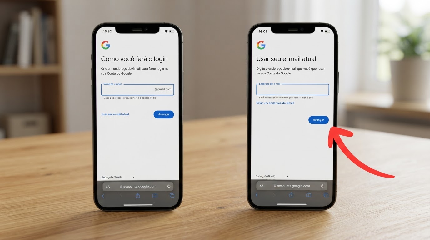 Ilustração de um iPhone com a tela de criação de conta de e-mail