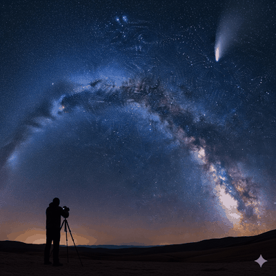 Cena noturna com pessoa fotografando o céu estrelado gerada pelo Gemini