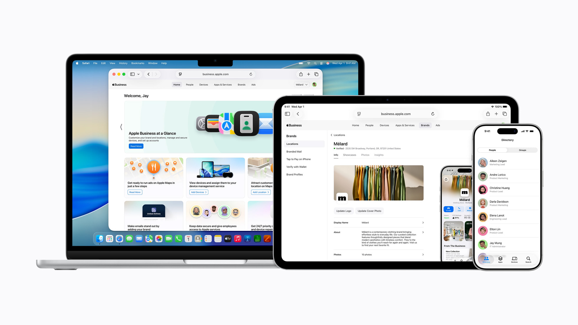 Tela da plataforma Apple Business exibindo MacBook Air, iPad Pro e iPhone 17 Pro
