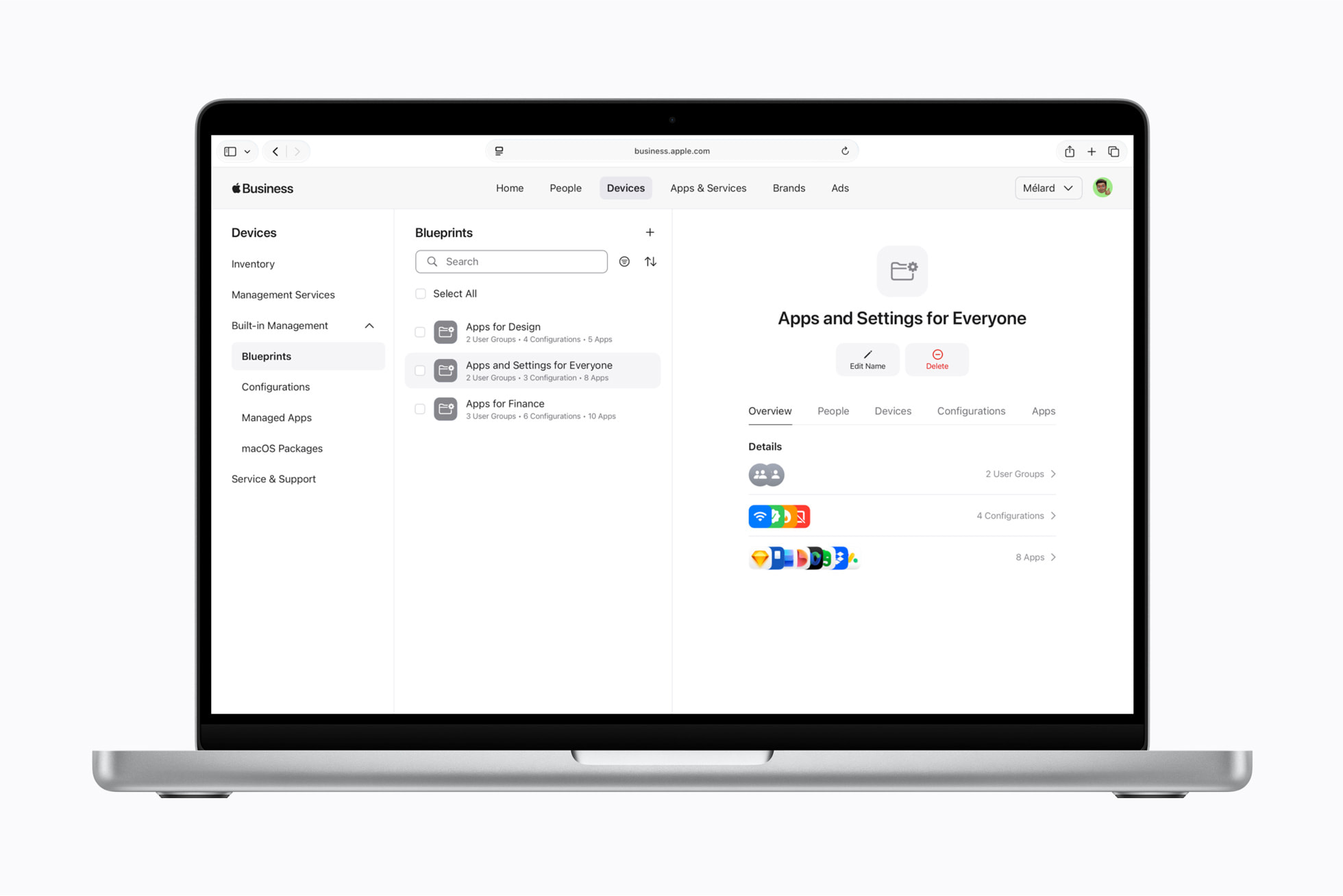 Tela mostrando Blueprints para configuração de dispositivos na plataforma Apple Business