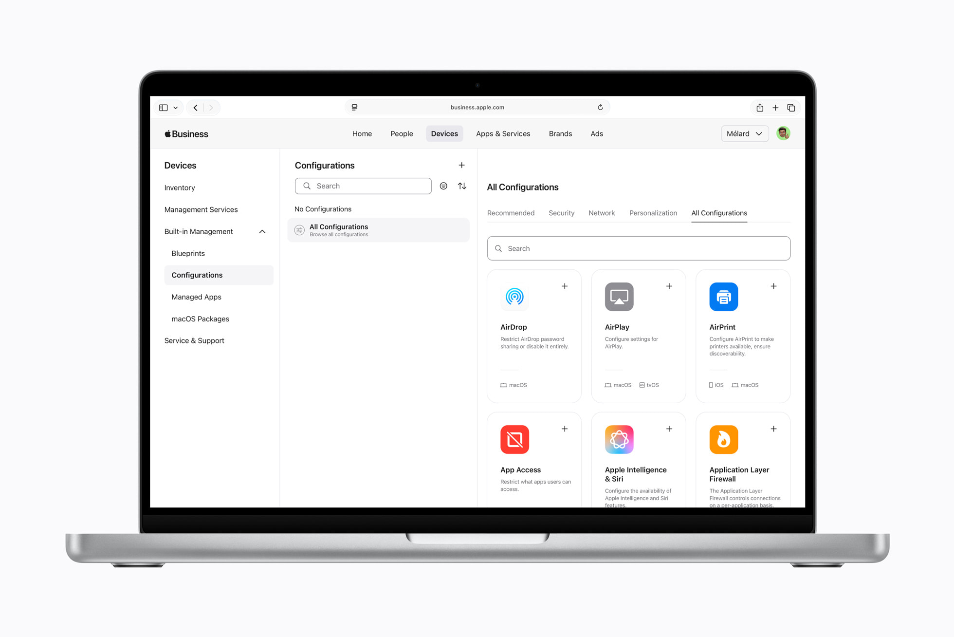 Tela com configurações detalhadas dentro da plataforma Apple Business no Mac