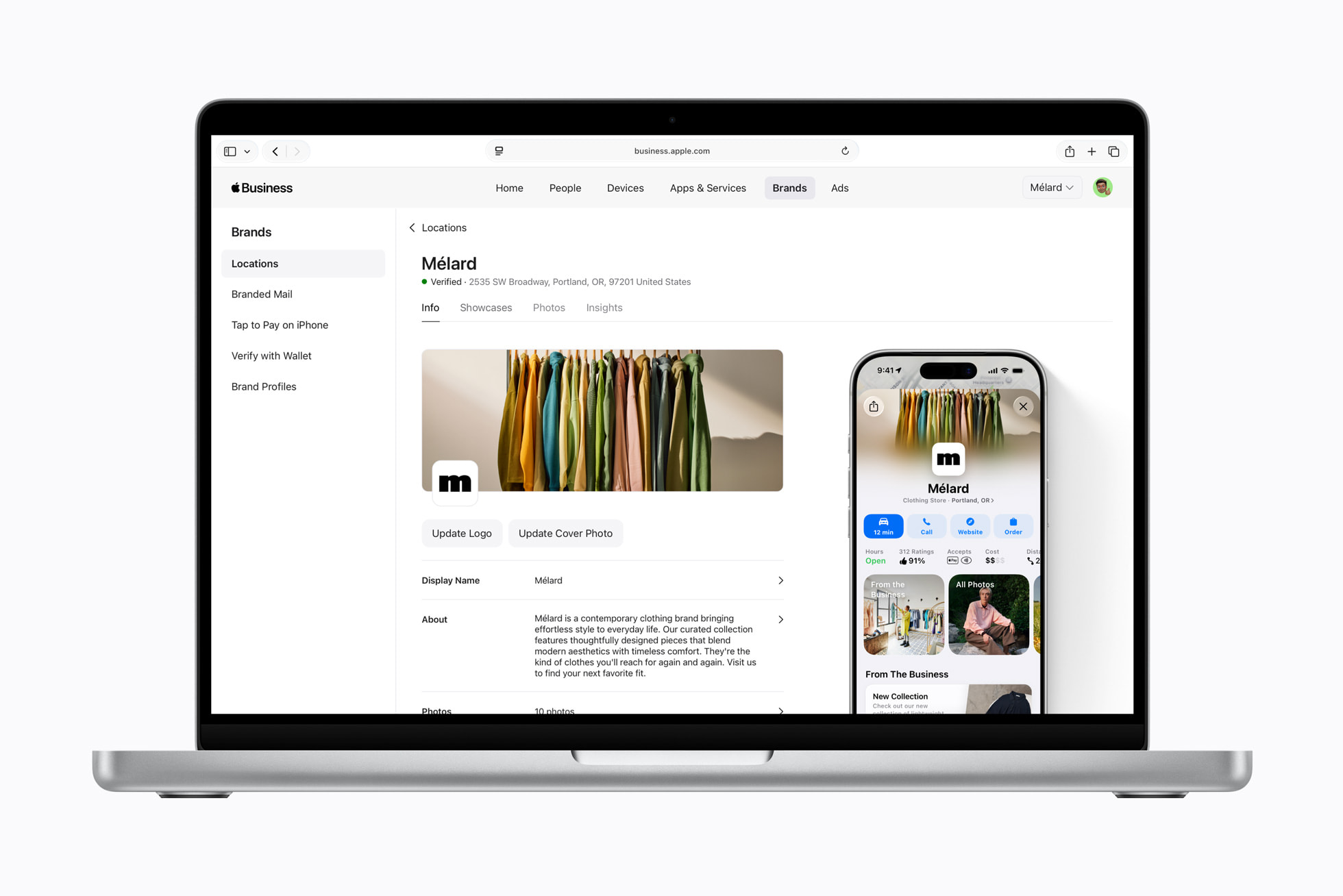 Tela mostrando informações de localização de uma empresa na plataforma Apple Business