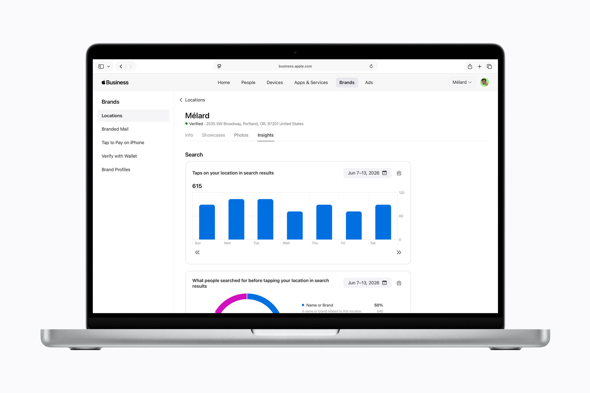 Tela exibindo insights sobre localização e interação de clientes na plataforma Apple Business