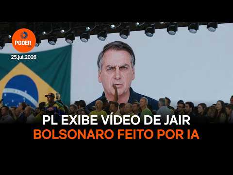 Telão em convenção partidária mostrando a imagem de Jair Bolsonaro enquanto Flávio Bolsonaro discursa