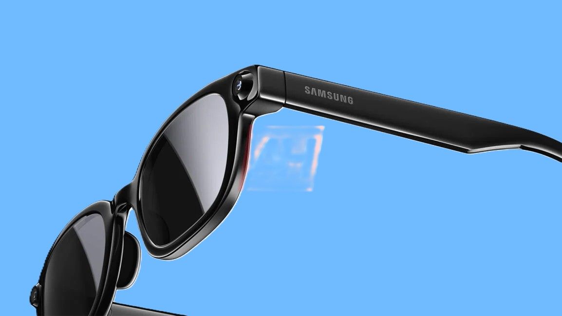 Render detalhado das hastes das Galaxy Glasses evidenciando a câmera e botões