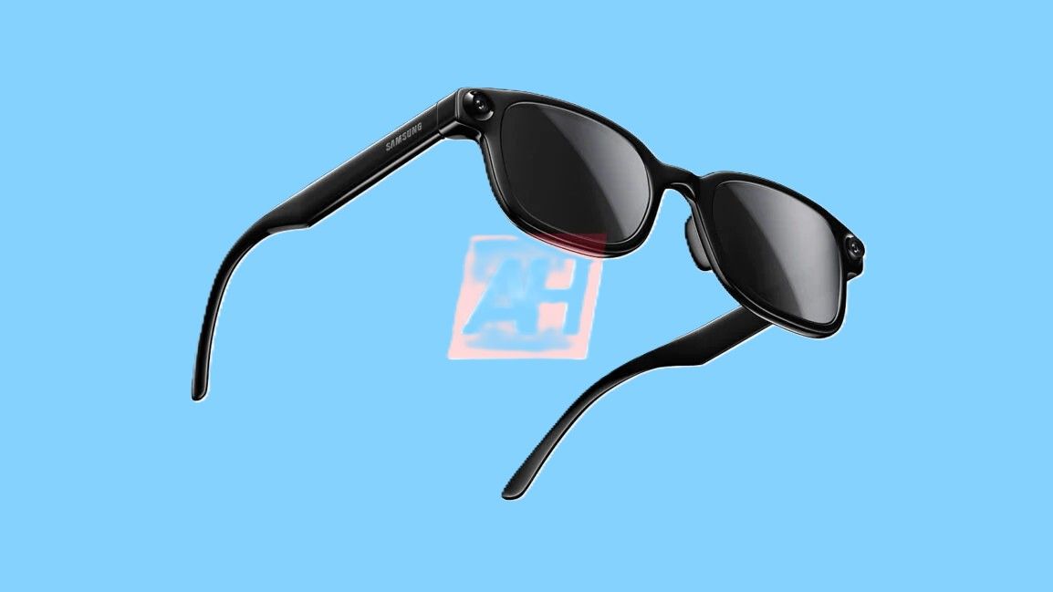 Render das Galaxy Glasses em posição frontal mostrando o design discreto e lentes fotochromáticas