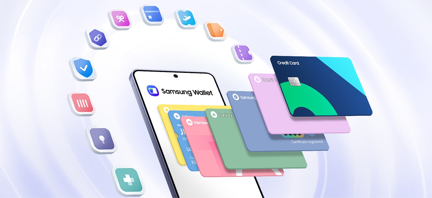 Smartphone exibindo ícones do Samsung Wallet como cartão de crédito, chave digital e bilhete