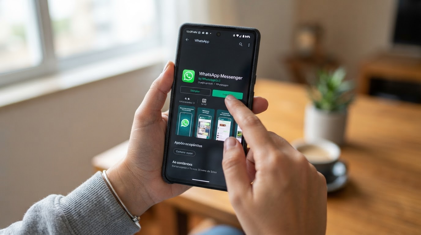 Sequência de telas mostrando a busca e instalação do WhatsApp no Android