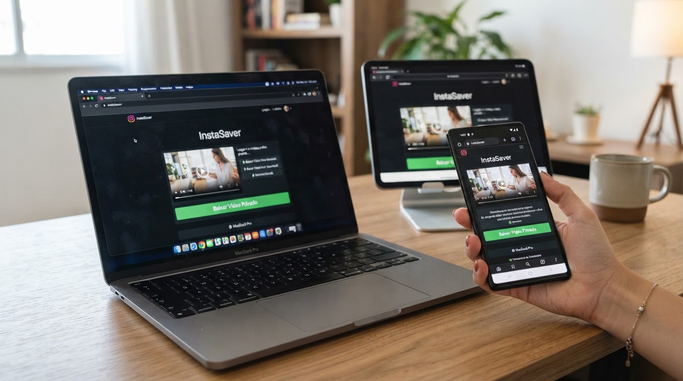 Ilustração de celular, tablet e computador mostrando compatibilidade de ferramentas de download