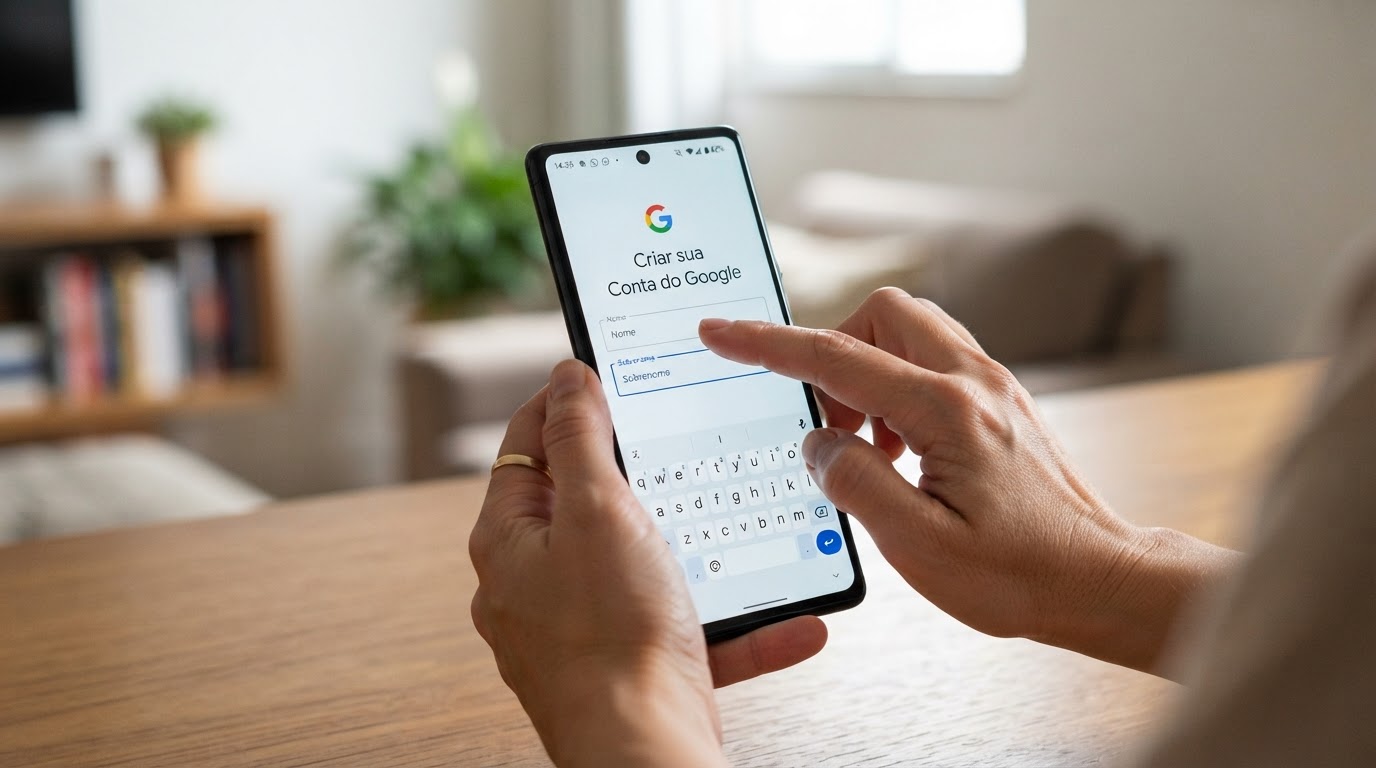 Ilustração de celular Android na tela de criação de conta Google