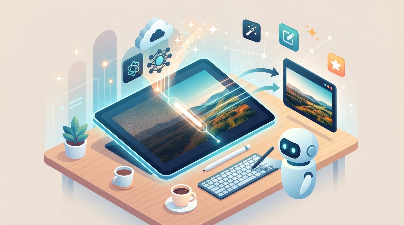 Ilustração do processo de edição e melhoria de fotos com IA