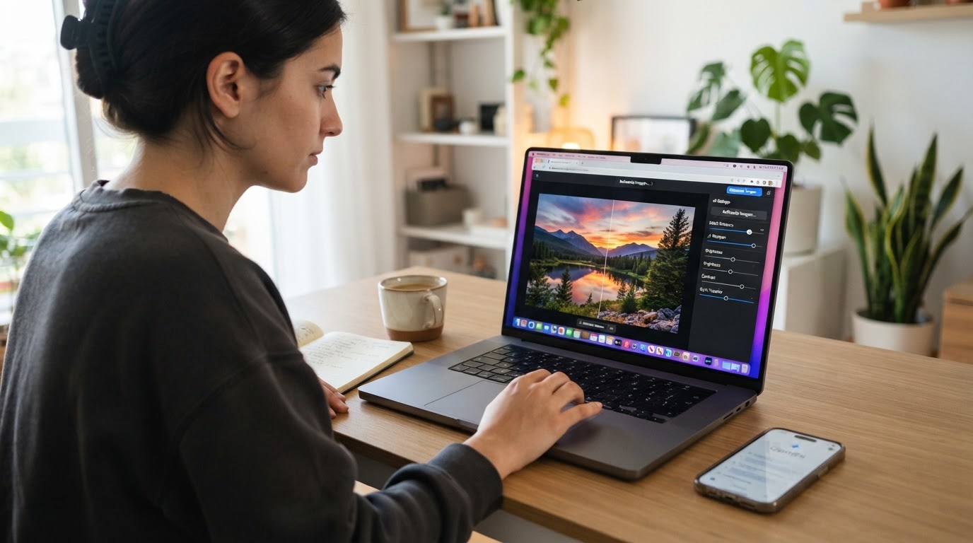 Ilustração conceitual de uma imagem sendo refinada com ajustes de IA em um laptop