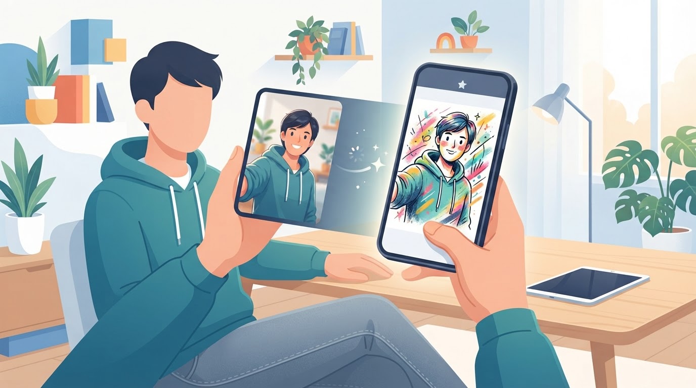 Pessoa segurando smartphone enquanto uma selfie é convertida em desenho artístico na tela