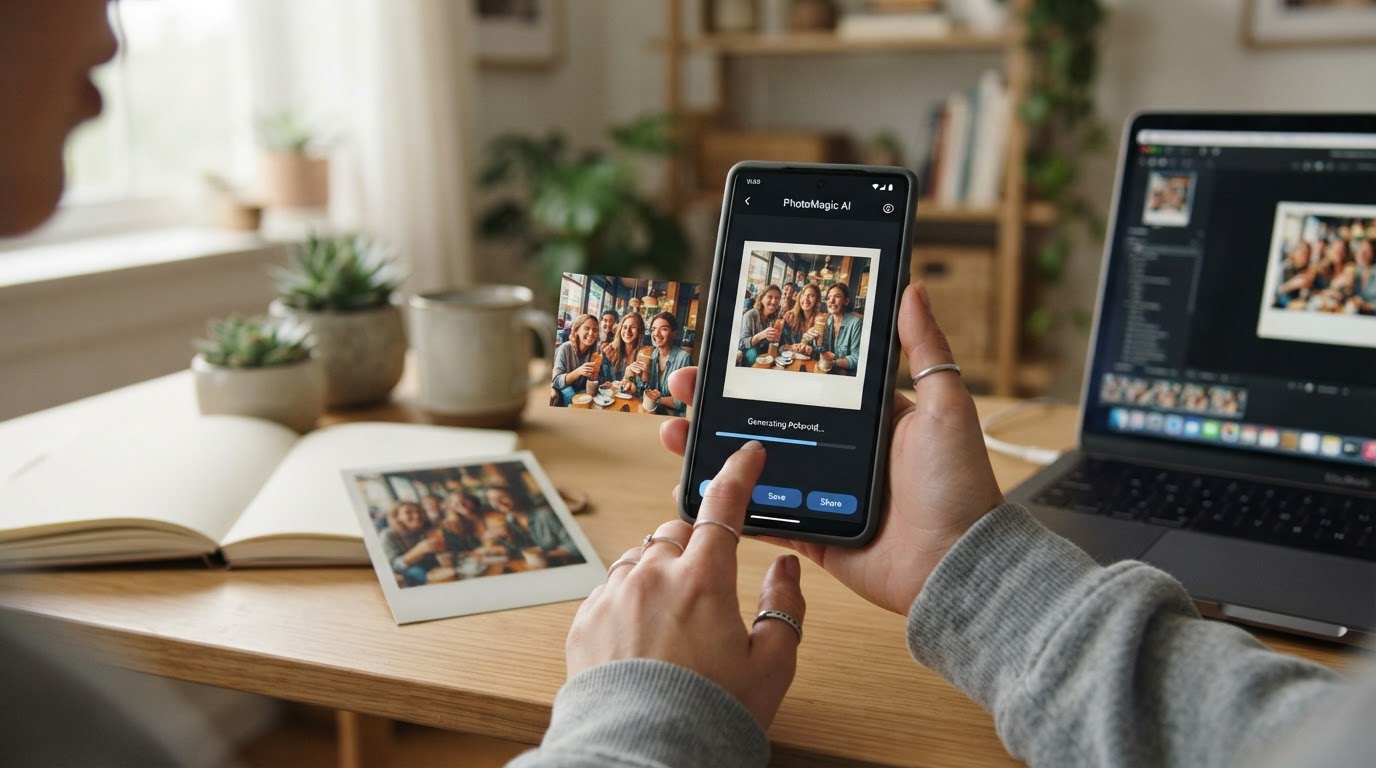 Ilustração de uma foto sendo convertida em estilo Polaroid por IA