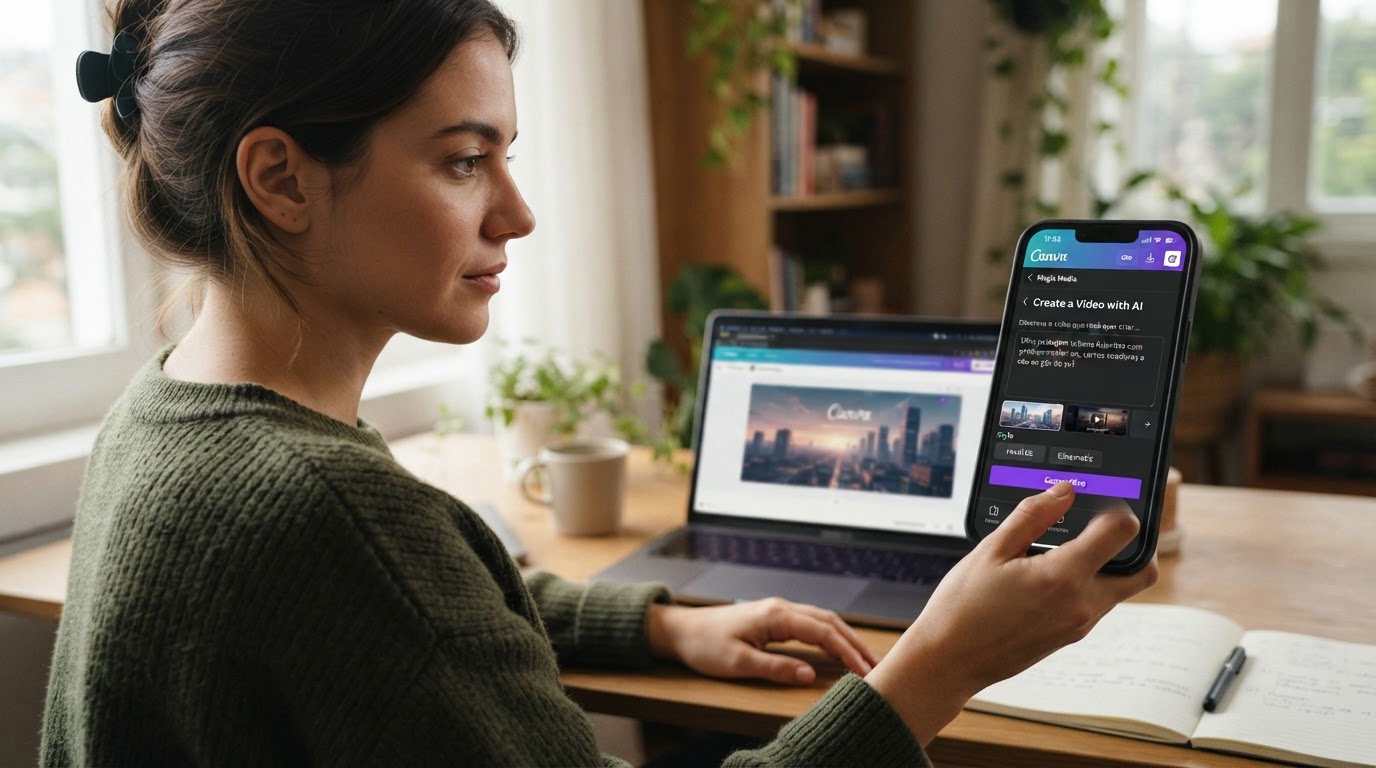 Exemplo visual de criação de vídeo com IA no Canva