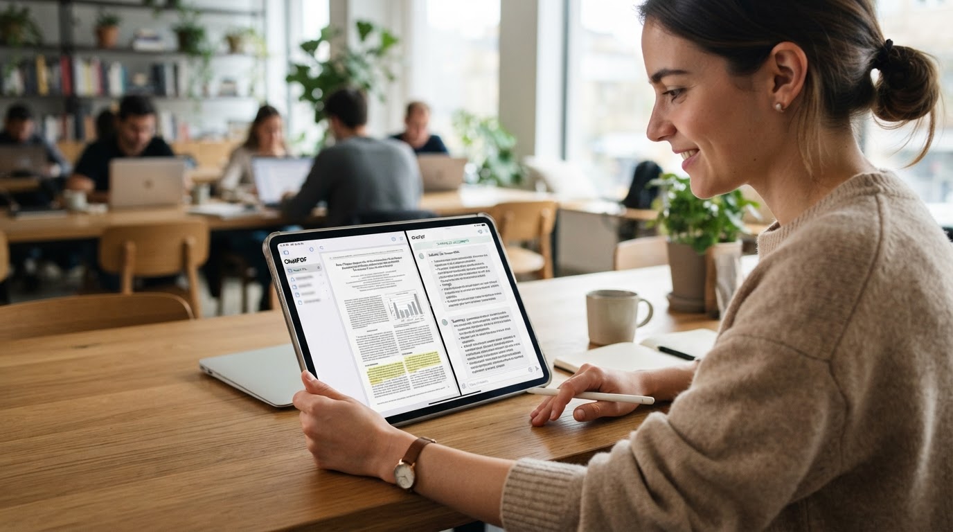 Interface do ChatPDF exibindo um PDF e um resumo gerado por IA ao lado