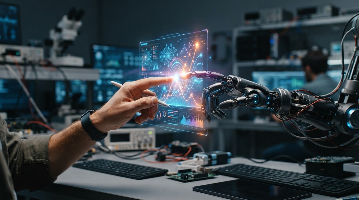 Mão humana e mão robótica tocando um gráfico digital iluminado