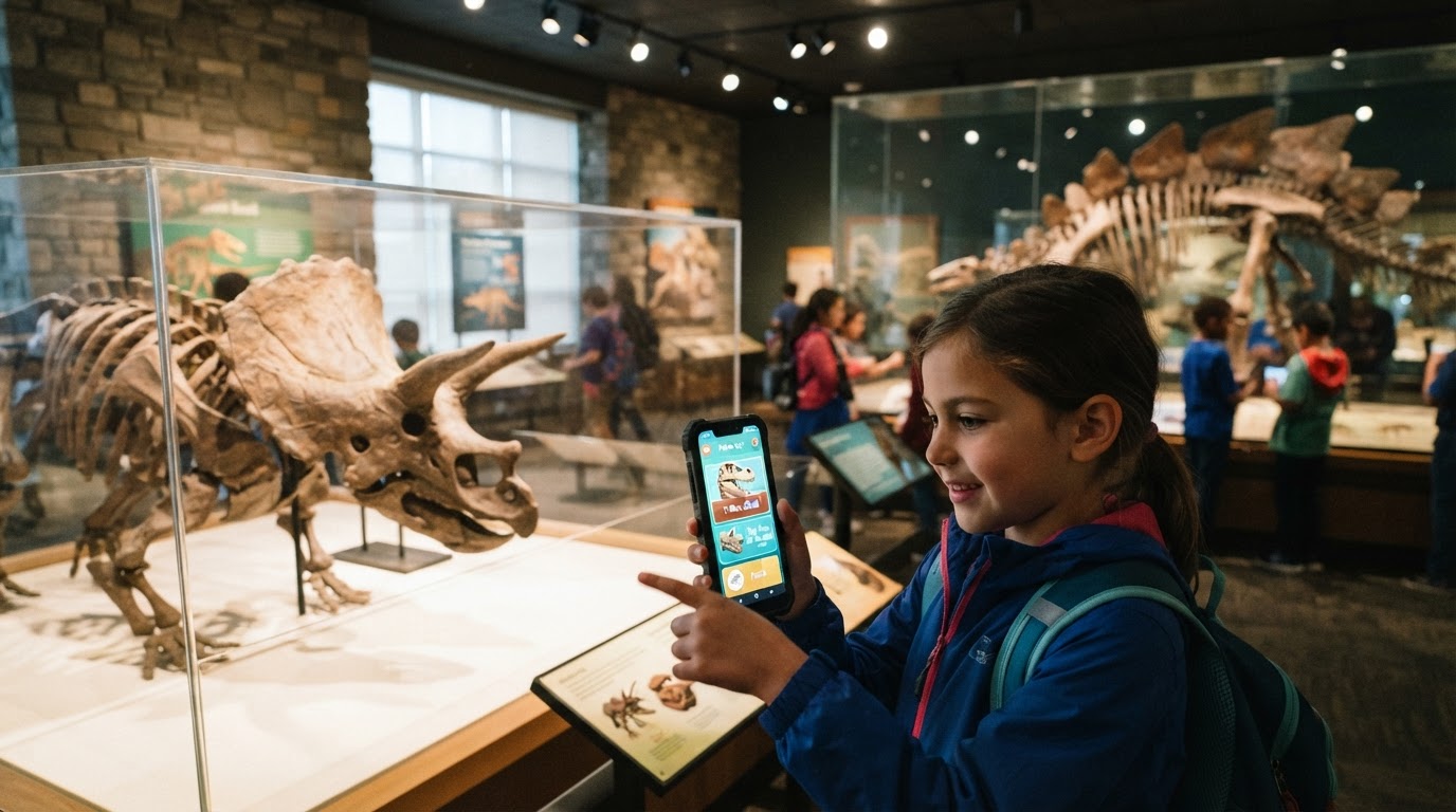 Ilustração de fósseis de dinossauros em ambiente de museu educativo para crianças