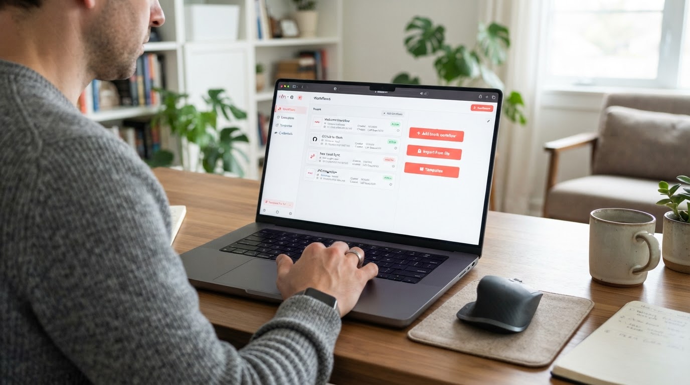 Tela inicial do n8n com lista de workflows e atalhos para criação de automações