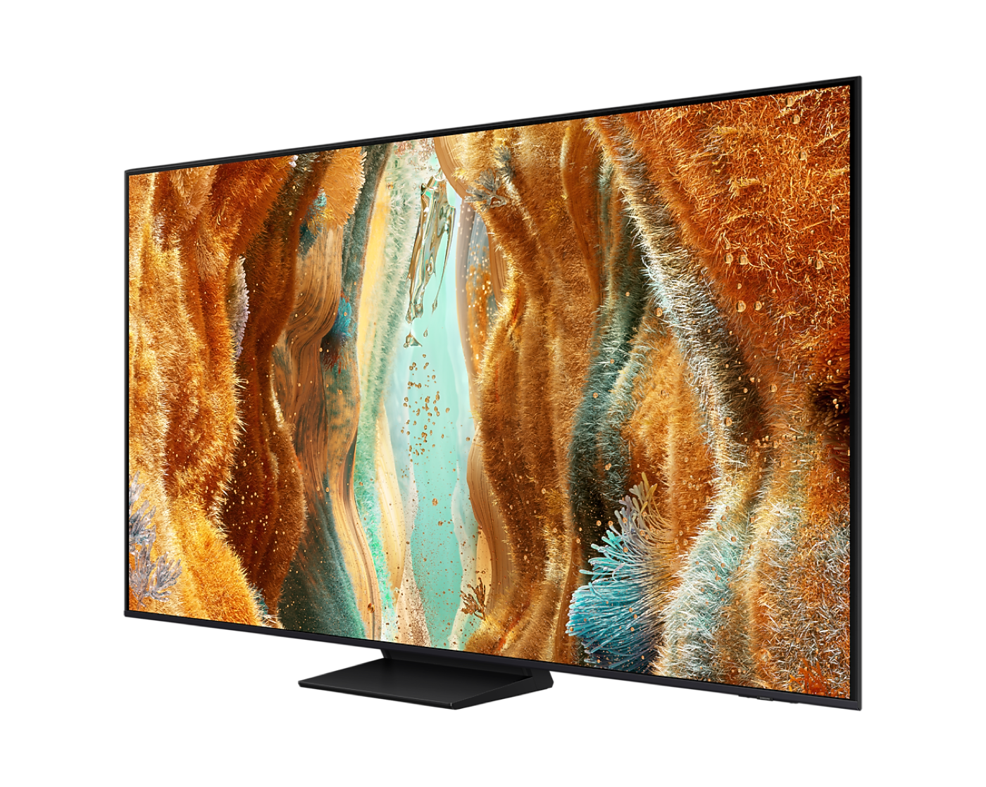 Samsung Neo QLED QN70F 55 polegadas vista em ângulo, destacando a espessura fina e o pedestal central