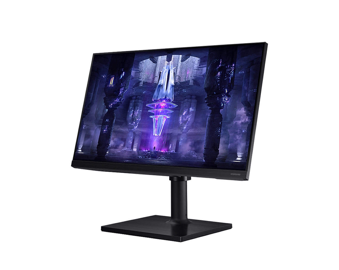 Monitor Samsung Odyssey G30 24 polegadas visto em perspectiva, mostrando a base e o pé ajustável