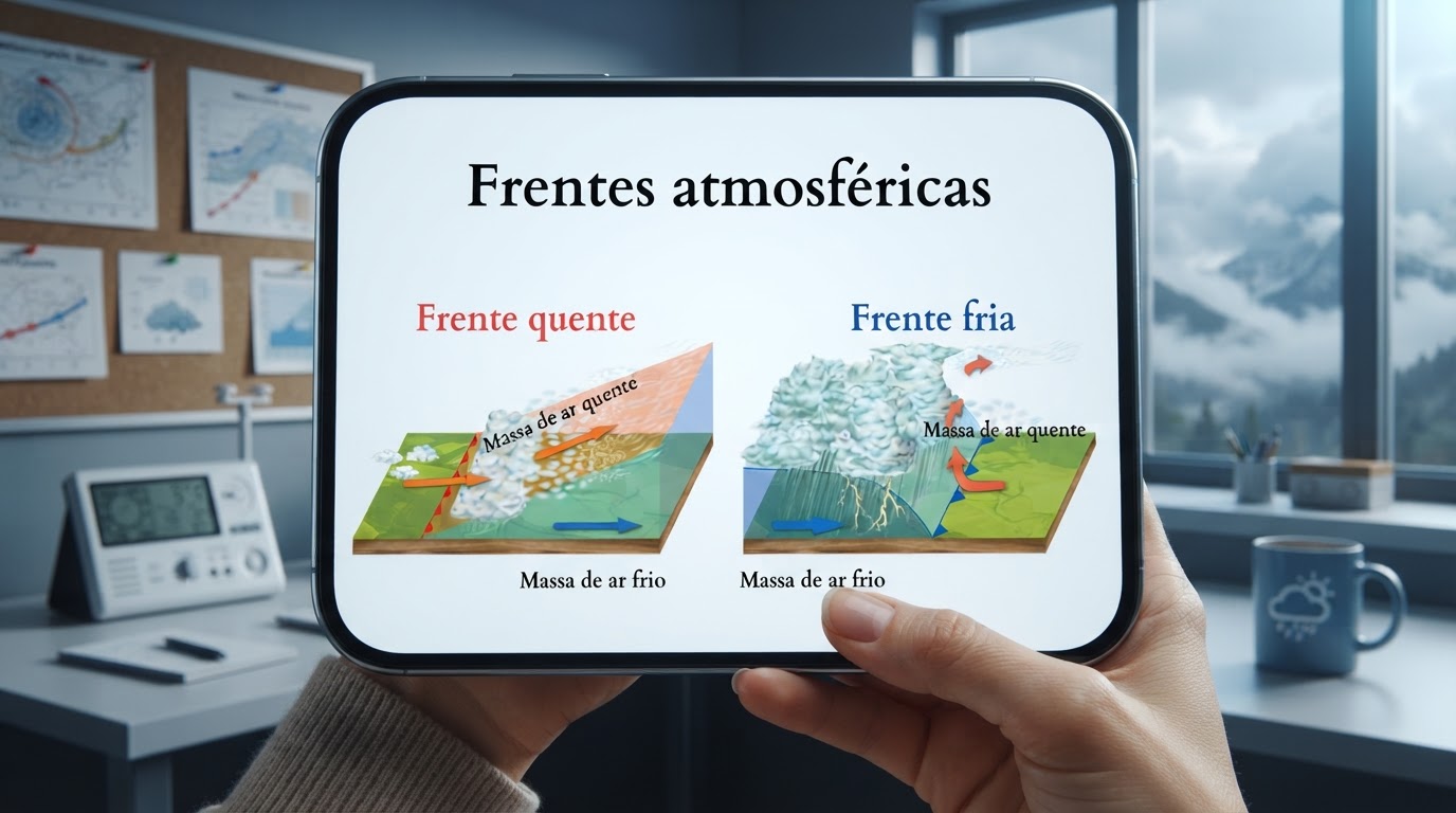 Esquema ilustrando a diferença entre frente fria e frente quente