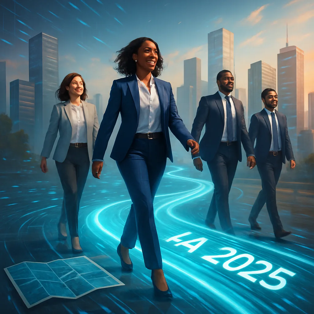 Profissionais caminhando em direção a um caminho digital luminoso que representa adoção de agentes de IA nas empresas