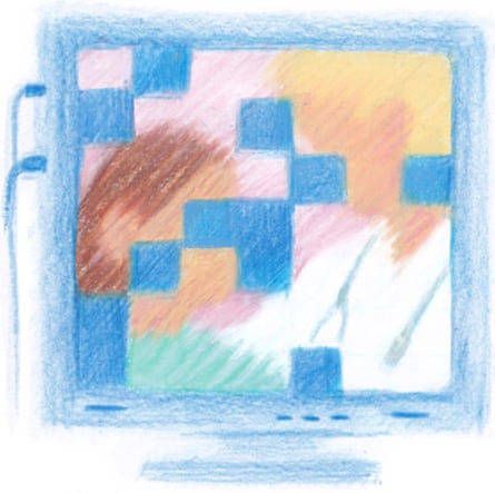 Ilustração de médico e paciente fragmentados em pixels por tela de computador