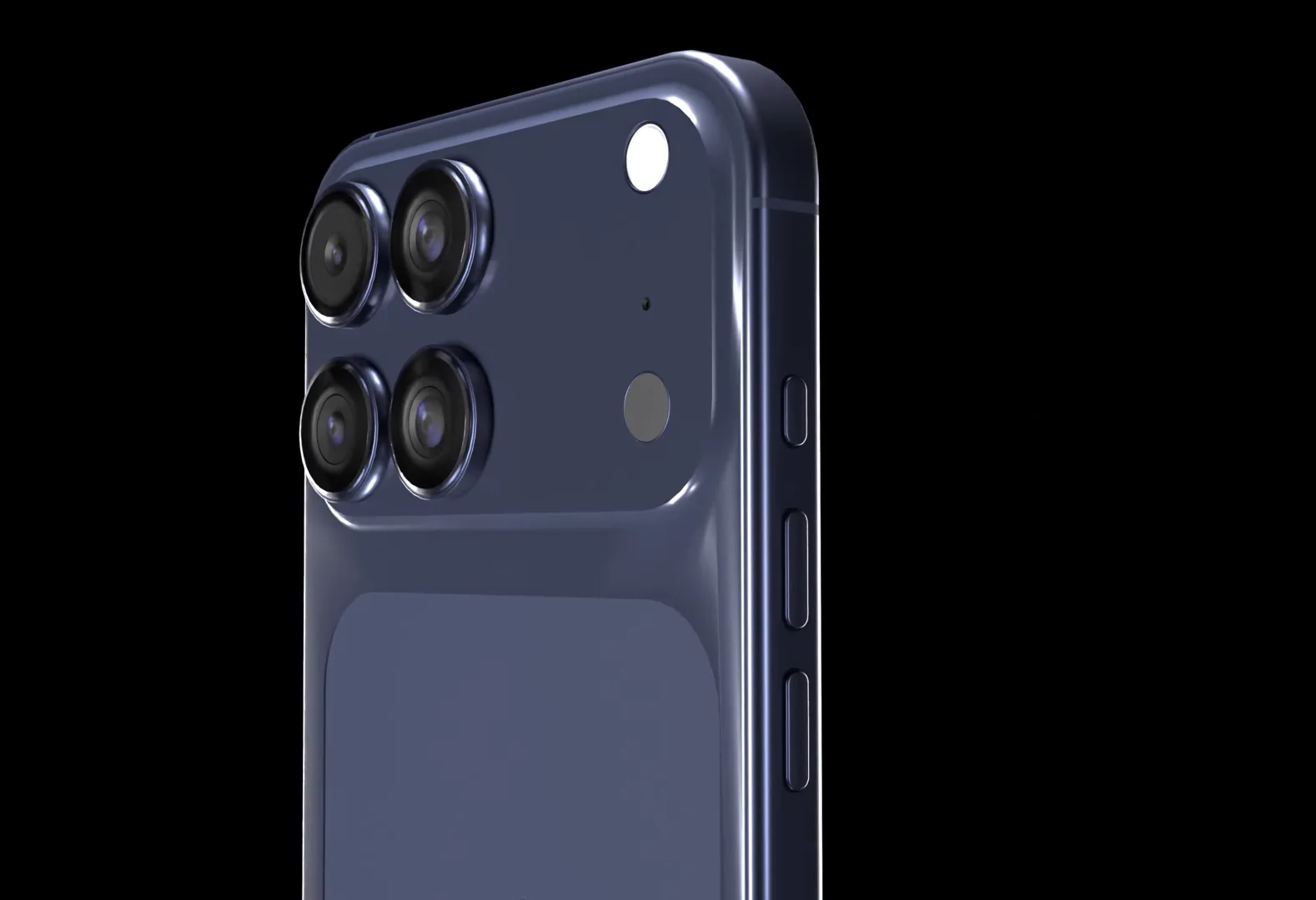 Render de conceito do iPhone 18 Pro Max em vista frontal e traseira