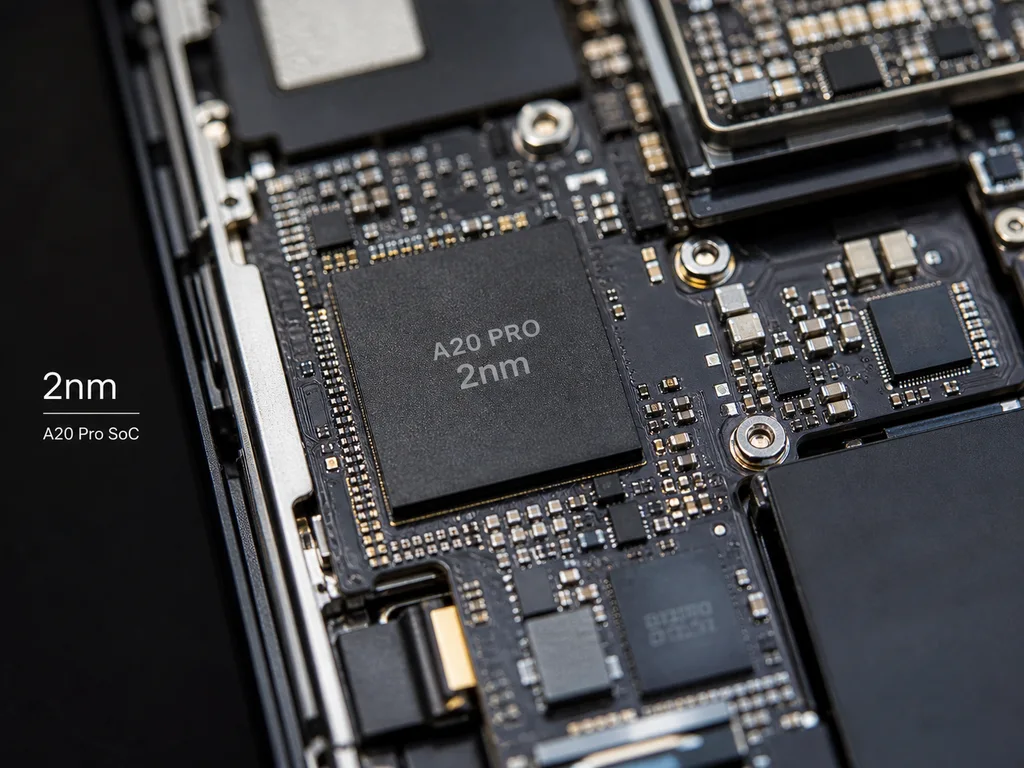 Detalhe gráfico sobre o A20 Pro e eficiência de 2 nm