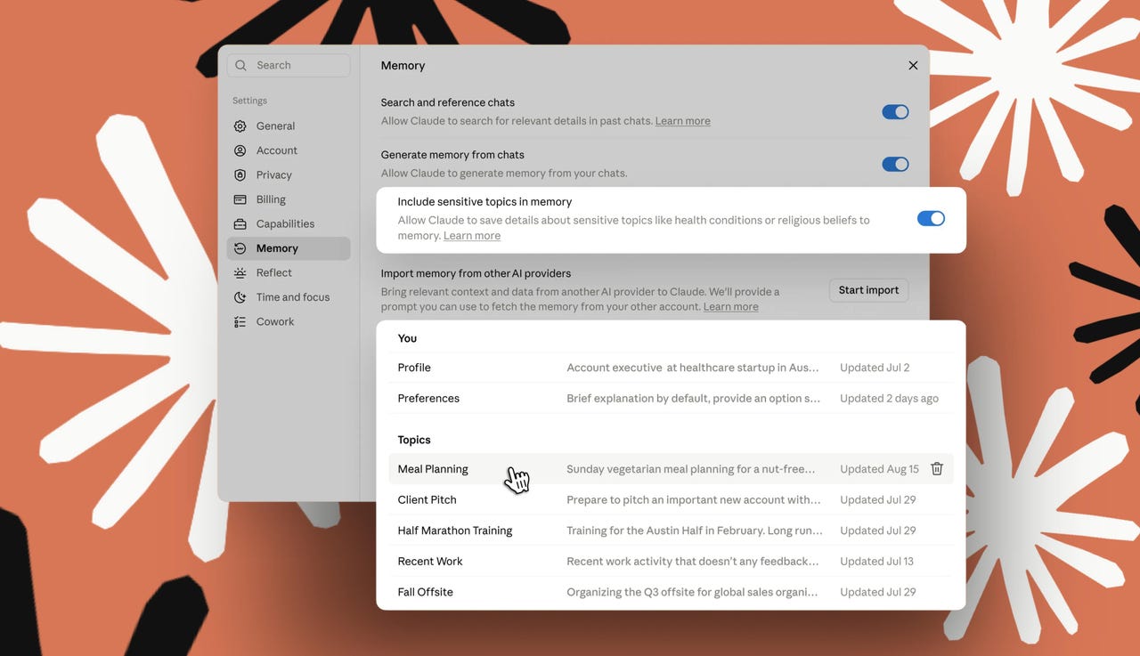 Tela do Claude exibindo configurações de memória e avisos de tópicos sensíveis