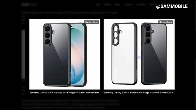 Suposto design traseiro do Galaxy S26 FE com módulo de câmera em bloco vertical