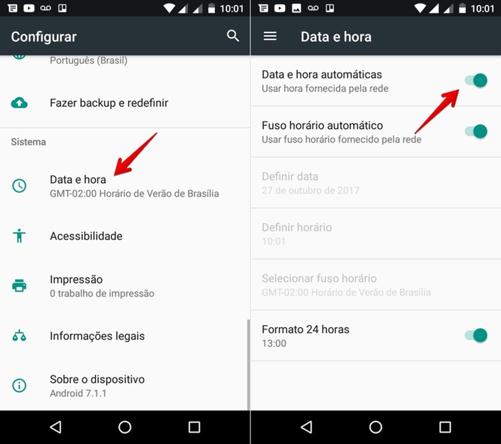 Configuração de data e hora no Android