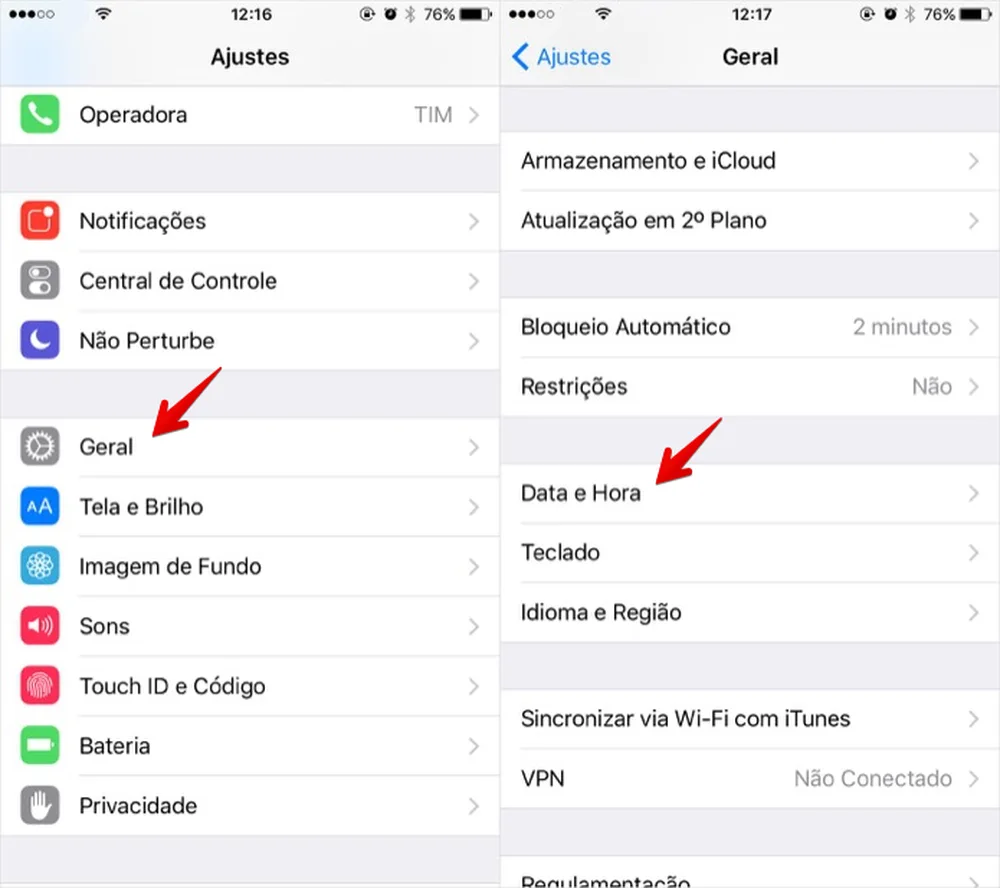 Menu de data e hora no iPhone