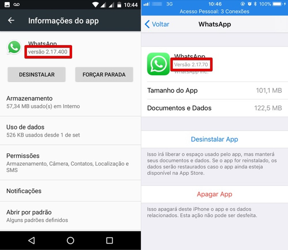 Tela do WhatsApp mostrando opção de atualização do aplicativo