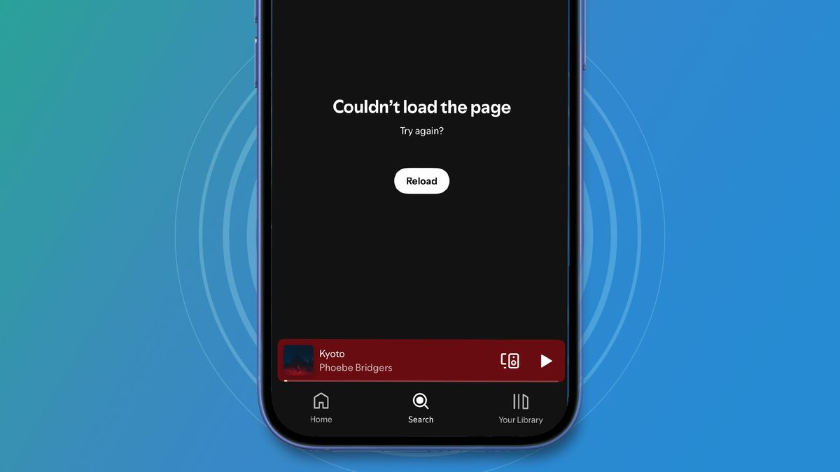 Tela do app do Spotify exibindo mensagem de erro em fundo azul