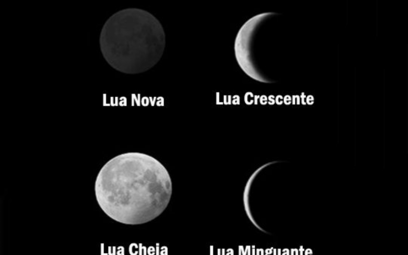 ilustração das fases da Lua com destaque para a fase atual