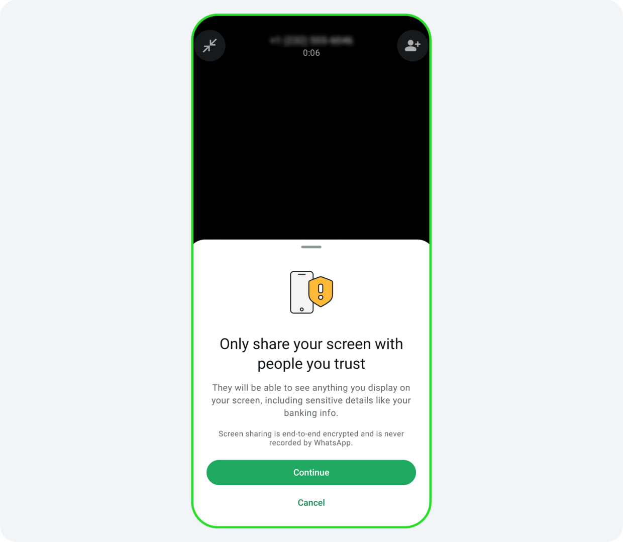 Tela do WhatsApp exibindo aviso ao tentar compartilhar a tela com desconhecido
