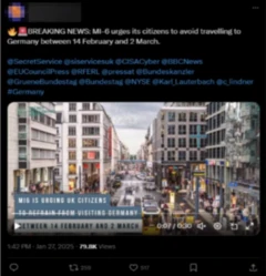 frame de vídeo manipulado que associa falsamente o MI6 a alerta sobre eleições na Alemanha