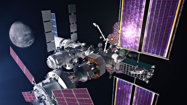 Render da estação espacial lunar Gateway com múltiplos módulos