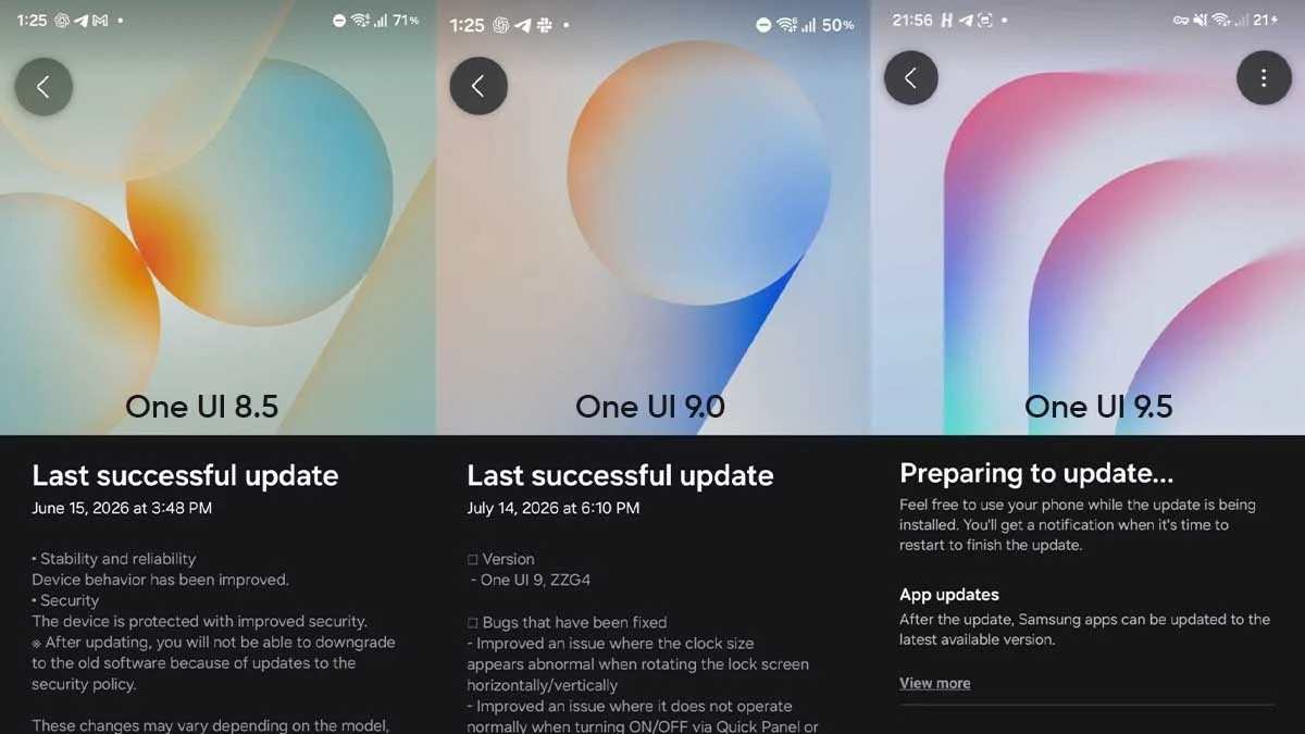 Comparação de banners de versões recentes da One UI mostrando mudanças de design