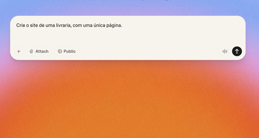 Tela de plataforma de IA exibindo site sendo criado a partir de comandos em texto