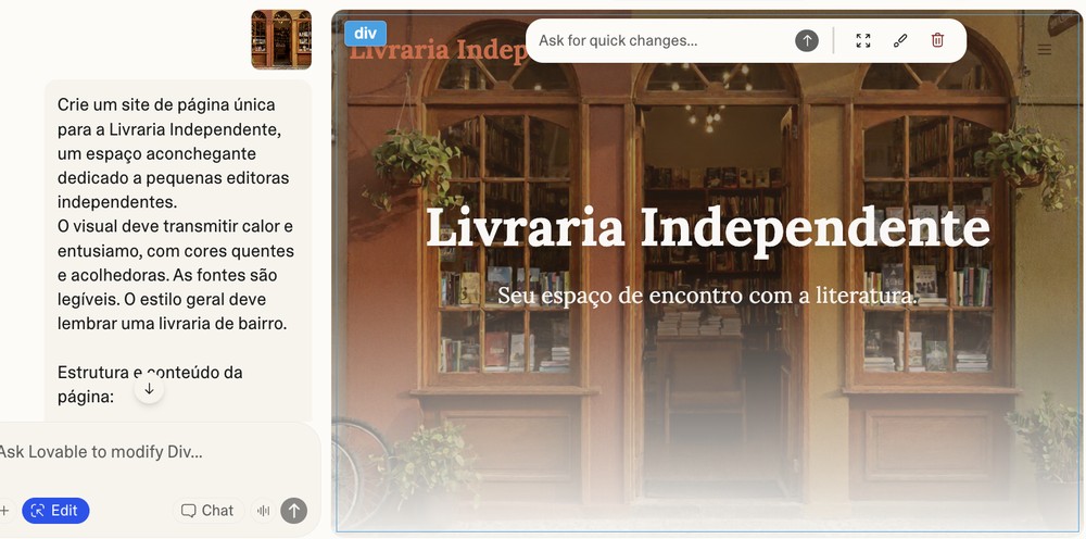 Interface da Lovable com comando em texto e prévia visual do site gerado
