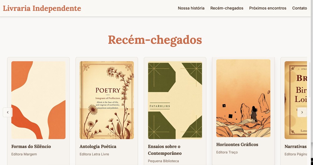 Seção de livros em carrossel em site fictício gerado por IA