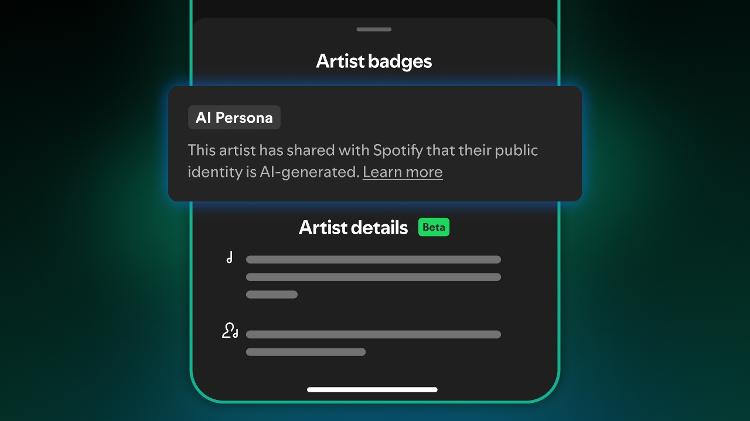 Tela do aplicativo Spotify com destaque para perfis criados com inteligência artificial