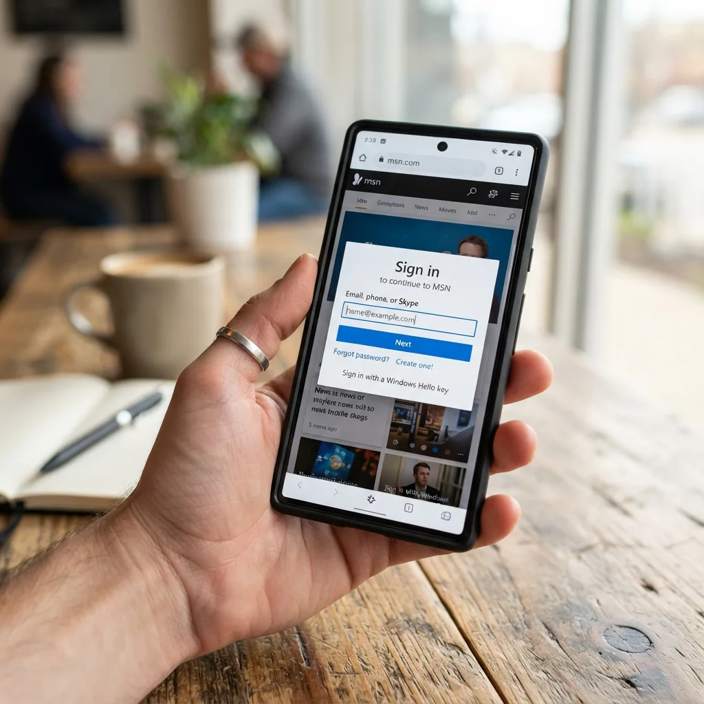 Ilustração de um smartphone aberto no portal MSN com área de login