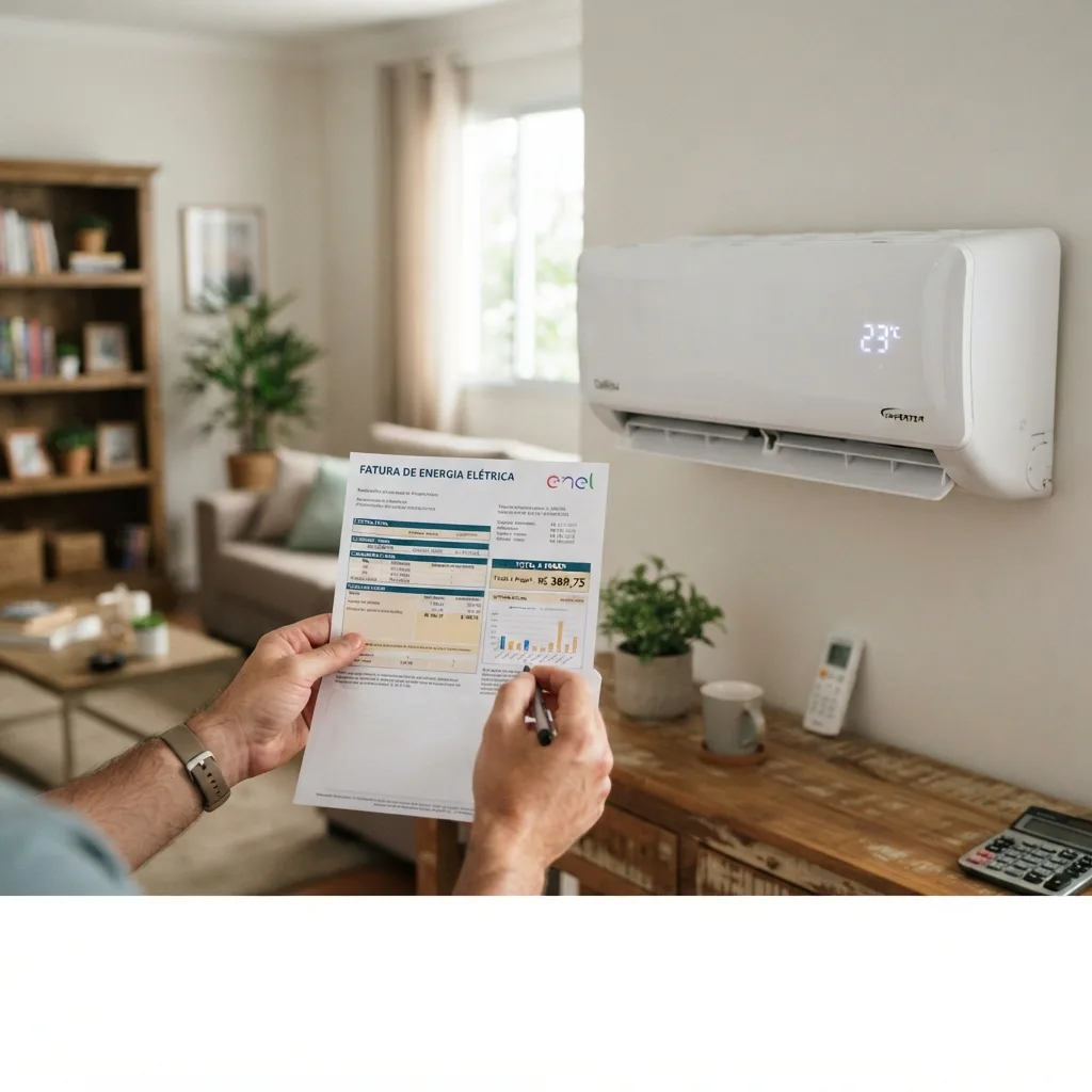 Ilustração de conta de energia ao lado de ar-condicionado residencial