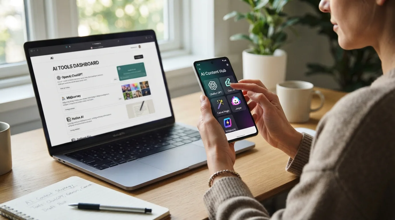 Ilustração mostrando diferentes opções de ferramentas de IA para criação de conteúdo