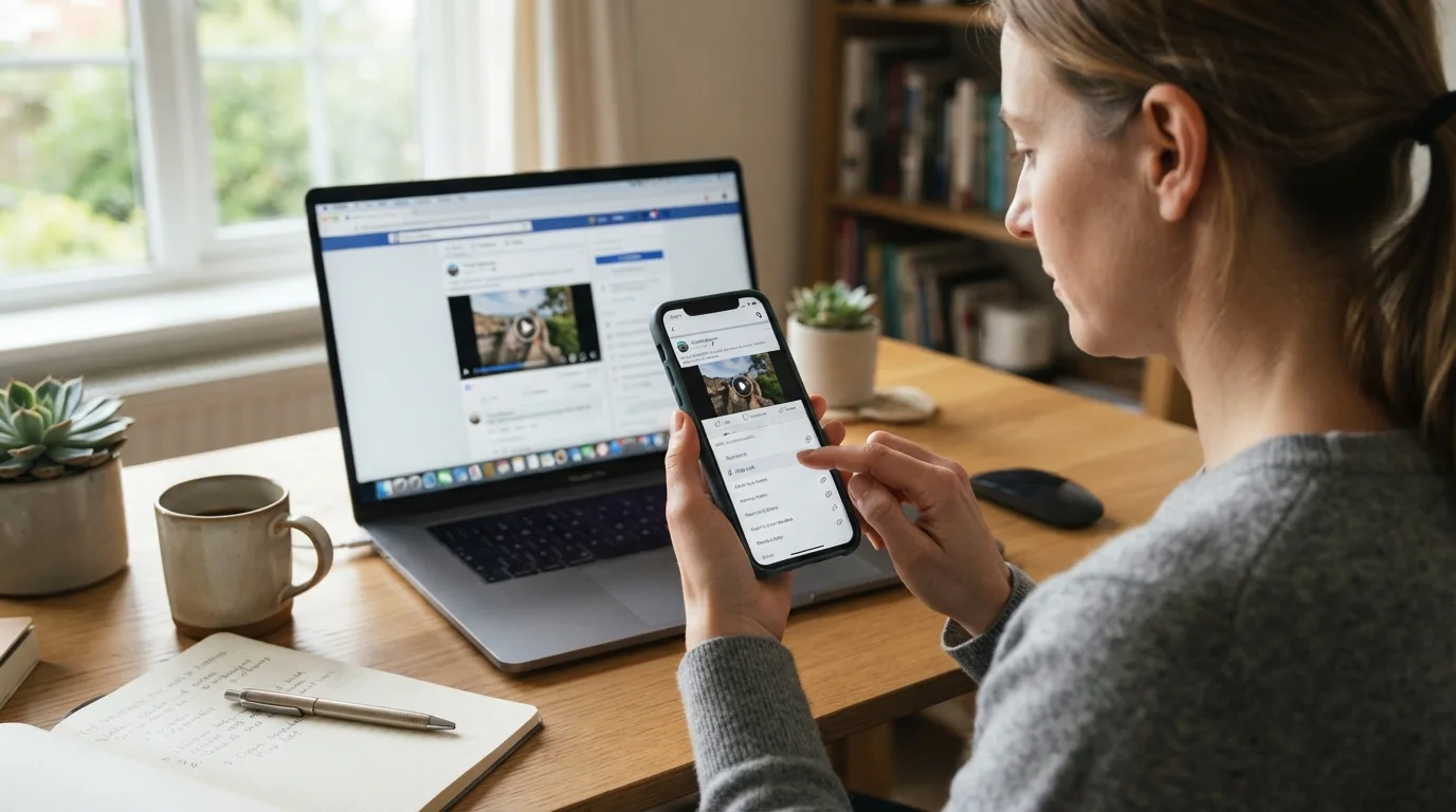 Ilustração conceitual de uma publicação do Facebook com a opção de copiar link no computador