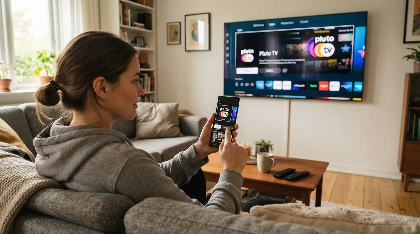 Televisão conectada em uma sala mostrando uma interface de aplicativos